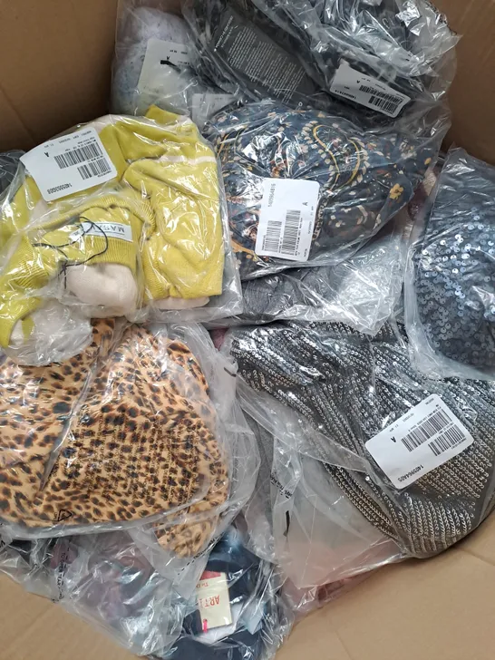 BOX OF ASSORTED CLOTHING ITEMS TOO INCLUDE COATS , TOPS, AND TROUSERS   ETC. 