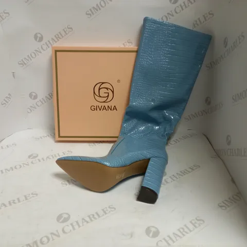 BOXED GIVANA BLUE PU CROC EFFECT KNEE HIGH BLOCK HEELED BOOTS SIZE 39