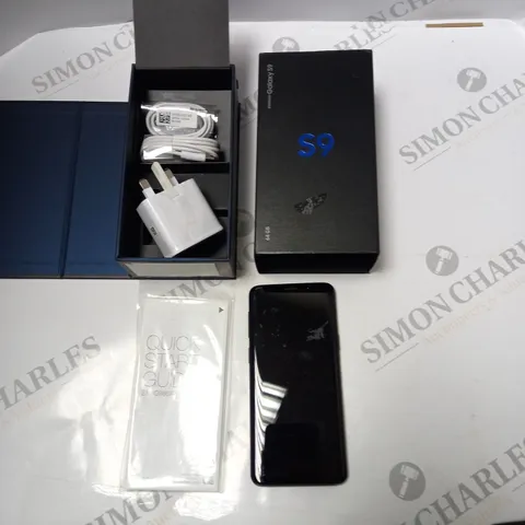 BOXED SAMSUNG GALAXY S9 IN BLACK, WITH EARPHONES, POWER ADAPTER AND USB CABLE