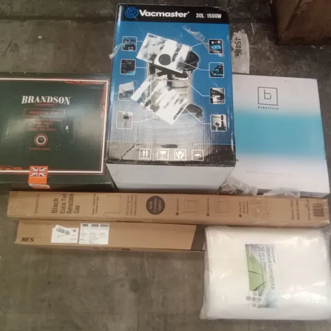 PALLET OF ASSORTED ITEMS INCLUDING BENKSTEIN TOILET SEAT, VACMASTER, BRANDSON PEDESTAL FAN, RETRACTABLE GATE, GREENHOUSE CLEAR PLASTIC FILM, KES TOWEL RAIL  