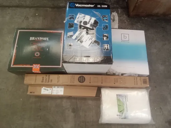 PALLET OF ASSORTED ITEMS INCLUDING BENKSTEIN TOILET SEAT, VACMASTER, BRANDSON PEDESTAL FAN, RETRACTABLE GATE, GREENHOUSE CLEAR PLASTIC FILM, KES TOWEL RAIL  