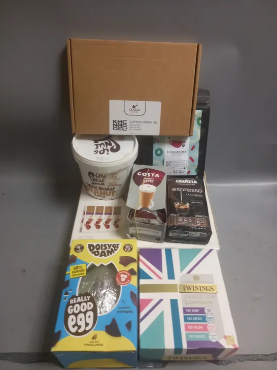 BOX OF APPROX 10 ASSORTED FOOD ITEMS TO INCLUDE - PIP&NUT PEANUT BUTTER - TWINNINGS TEA COLLECTION - VIVE SALOTED CARAMEL BARS ETC