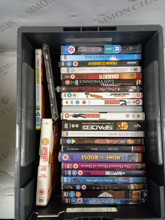 BOX OF APPROXIMATELY 20 ASSORTED DVDS TO INCLUDE CHUCK, TERMINATOR, AMERICAN PIE ETC 