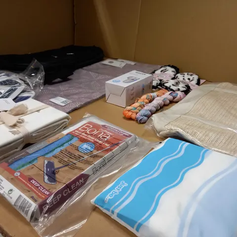 LARGE BOX OF APPROXIMATELY 20 ASSORTED HOUSEHOLD ITEMS TO INCLUDE: SLEEP MASK, BAG, YARN