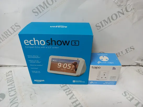 SEALED BOXED AMAZON ECHOSHOW 5 WITH TP-LINK TAPO MINI SMART WI-FI SOCKET 