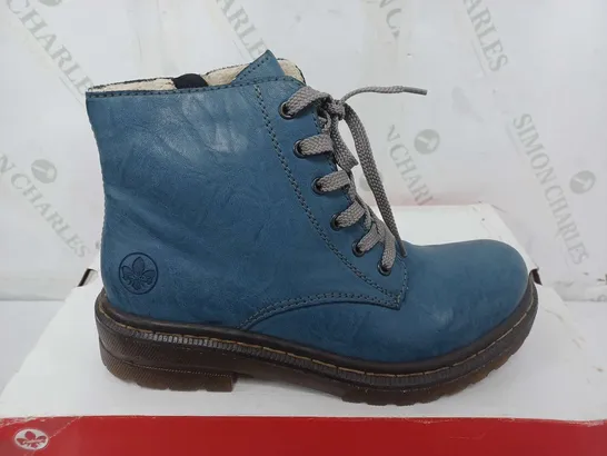 BOXED PAIR OF RIEKER LACE ANKLE BOOTS BLUE - SIZE 40