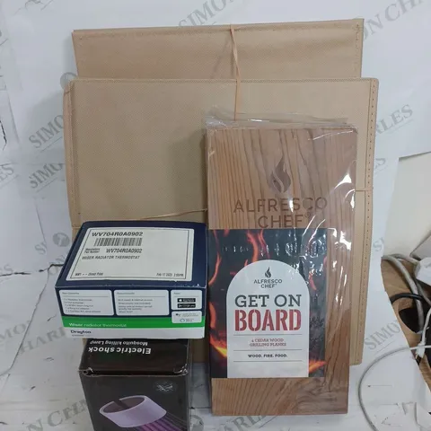 BOX OF ASSORTED HOUSEHOLD  ITEMS TO INCLUDE CINDER WOOD - RADIATOR THERMOSTAT - FLY KILLER /COLLECTION ONLY 