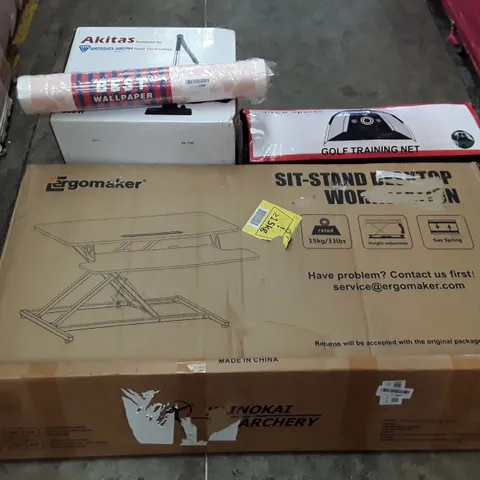 PALLET OF ASSORTED PRODUCTS INCLUDING SIT-STAND WORKSTATION, GOLF TRAINING NET, VACUUM CLEANER, WALLPAPER, ARCHERY SET