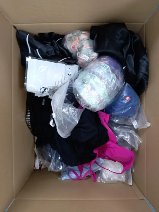 BOX OF APPROXIMATELY 25 ASSORTED CLOTHING PRODUCTS IN VARIOUS SIZES TO INCLUDE DRESSES, UNDERWEAR, TROUSERS ETC 