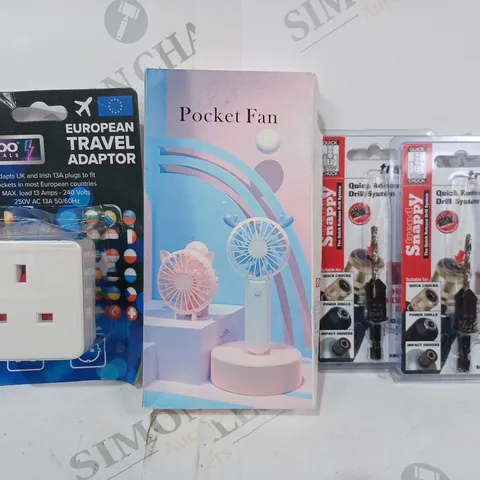 APPROXIMATELY 10 ASSORTED HOUSEHOLD ITEMS TO INCLUDE TREND QUICK RELEASE DRILL SYSTEM, POCKET FAN, EUROPEAN TRAVEL ADAPTOR, ETC