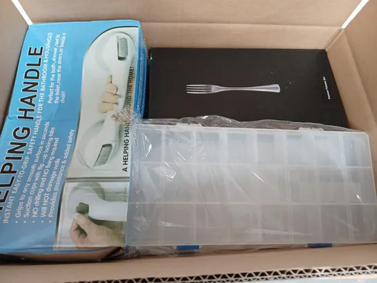 BOX OF APPROX 17 ITEMS TO INCLUDE - HELPING HANDLE - KINGTUHUA FLATWARE SET - SET OF 3 STORAGE BOXES CLEAR ECT 