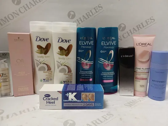 LOT OF 10 ASSORTED BEAUTY PRODUCTS TO INCLUDE DOVE BODY LOTION, L'OREAL THICKENING SHAMPOO, OLAY MOISTURISER SERUM, ETC 