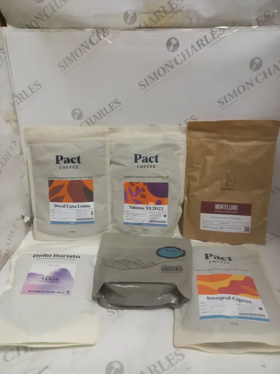 APPROXIMATELY 10 ASSORTED COFFEE PRODUCTS TO INCLUDE PACT COFFEE, CC ROASTERS, BELLA BARISTA ETC 