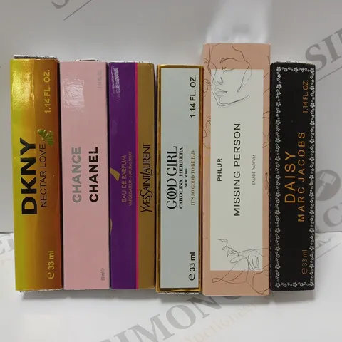 BOX OF APPROX 6 ASSORTED MINI FRAGRANCES TO INCLUDE CHANEL CHANCE EAU DE PARFUM, CAROLINE HERRERA GOOD GIRL EAU DE PARFUM, PHLUR MISSING PERSON EAU DE PARFUM, ETC 