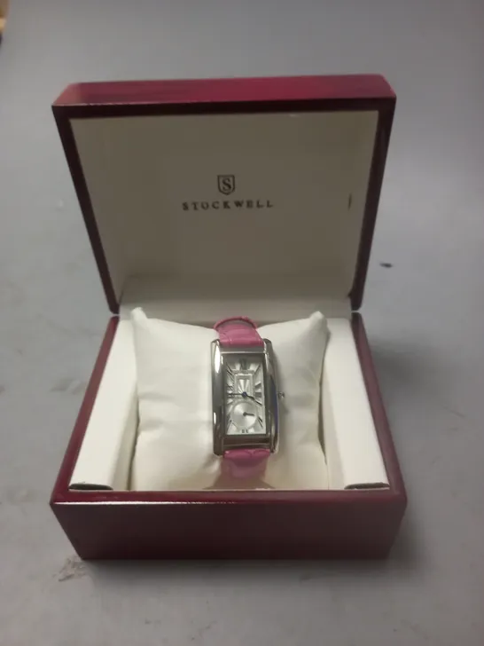 STOCKWELL STAINLESS STEEL RECTANGULAR LADIES WATCH WITH PINK LEATHER STRAP IN WOODEN GIFT BOX