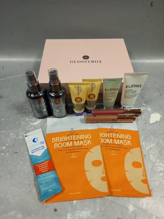 GLOSSYBOX APPROXIMATELY 10 ASSORTED COSMETIC PRODUCTS TO INCLUDE - ELEMIS PRO-COLLAGEN MARINE CREAM - MUDMASKY SCALP SERUM - MUA VELVET MATTE LIQUID LIPSTICK - ETC