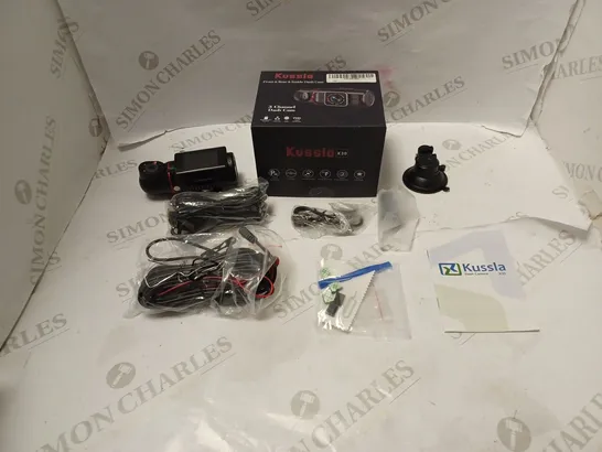 BOXED KUSSLA FRONT, REAR AND INSIDE DASH CAM - MODEL X30 - WITH ACCESSORIES, CABLES AND INSTRUCTIONS