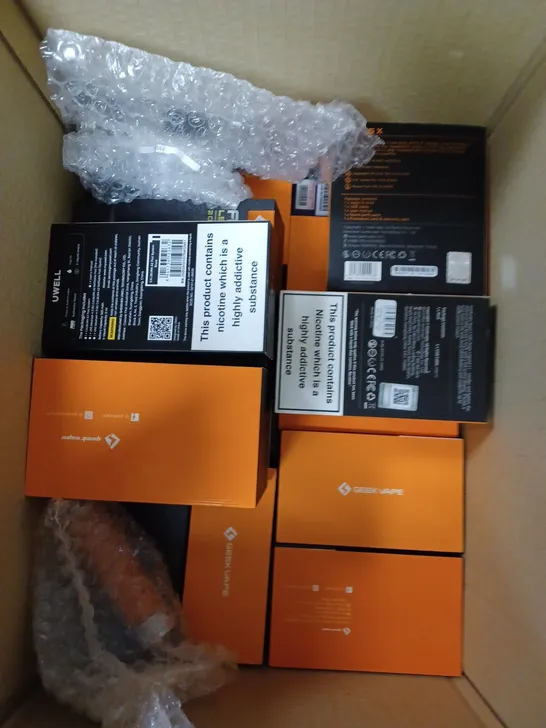 BOX OF APPROXIMATELY 30 E-CIGARETTE PRODUCTS TO INCLUDE GEEKVAPE AEGIS X, CALIBURN A2, URSA NANO PRO ETC