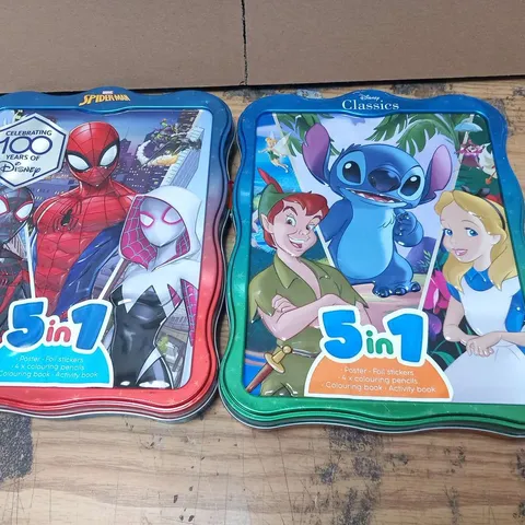 APPROXIMATELY 12 ASSORTED 5 IN 1 ACTIVITY SETS TO INCLUDE; SPIDERMAN AND DISNEY CLASSICS