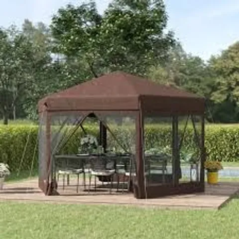 BOXED OUTSUNNY 3.5M X 4M HEXAGONAL POP UP GAZEBO, CANOPY TENT SUN SHELTER FOR PATIO OUTDOOR PARTY, HEIGHT ADJUSTABLE, WITH MOSQUITO NETTING AND CARRY BAG - BROWN