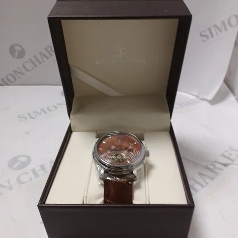 BOXED SAMUEL JOSEPH AUTOMATIC STEEL BROWN WATCH WITH LEATHER STRAP