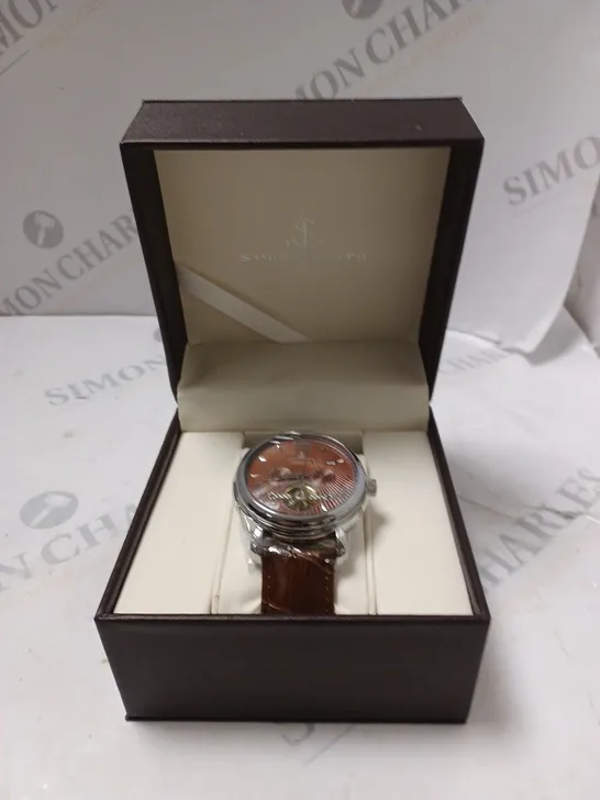 BOXED SAMUEL JOSEPH AUTOMATIC STEEL BROWN WATCH WITH LEATHER STRAP