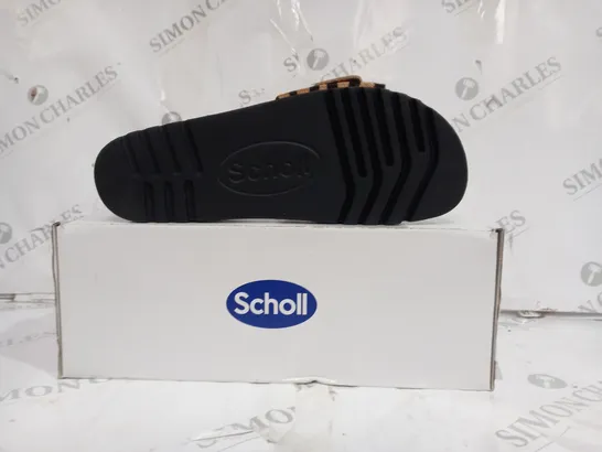 BOXED PAIR OF SCHOLL SANDALS LEATHER SOLE FURY STRIPED STRAP IN BROWN SIZE 6