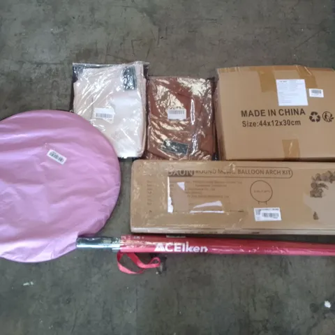 PALLET OF ASSORTED ITEMS INCLUDING ROUND METAL BALLOON ARCH KIT, POP UP TENT, ACELKEN UMBRELLA, ARTIFICIAL FLOWERS, WOMEN'S FAUX LEATHER JACKET