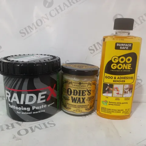 APPROXIMATELY 10 ASSORTED HOUSEHOLD ITEMS TO INCLUDE GOO & ADHESIVE REMOVER, ODIE'S WAX, RAIDEX TATTOOING PASTE, ETC