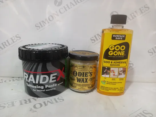 APPROXIMATELY 10 ASSORTED HOUSEHOLD ITEMS TO INCLUDE GOO & ADHESIVE REMOVER, ODIE'S WAX, RAIDEX TATTOOING PASTE, ETC