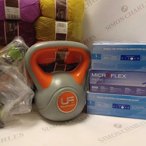 LOT OF APPROX 6 ASSORTED HOUSEHOLD ITEMS TO INCLUDE STYLECROFT YARNS BUNDLE, LF TM EQUIPMENT DUMBELL, EXAMINATION STERILE GLOVES, ETC 