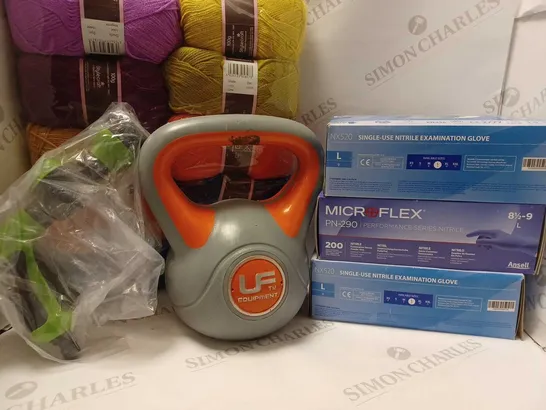 LOT OF APPROX 6 ASSORTED HOUSEHOLD ITEMS TO INCLUDE STYLECROFT YARNS BUNDLE, LF TM EQUIPMENT DUMBELL, EXAMINATION STERILE GLOVES, ETC 