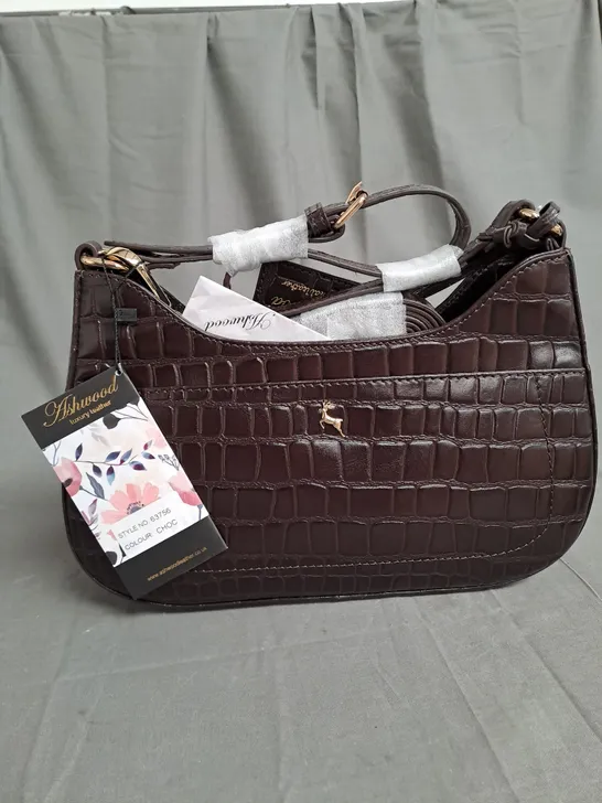 ASHWOOD LUXURY LEATHER BROWN HANDBAG CROCODILE SKIN EFFECT 