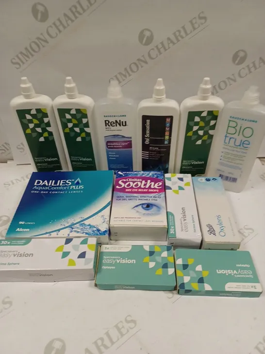 BOX TO CONTAIN APPROX. 20 X ASSORTED VISON CARE PRODUCTS. INCLUDES CONTACT LENSES AND CLEANING SOLUTION. BRANDS VARY - COLLECTION ONLY