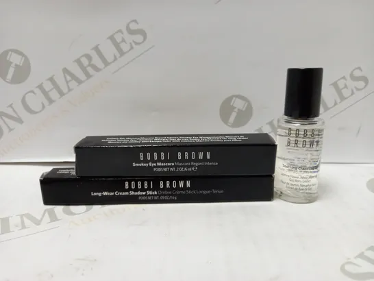 LOT OF 3 ASSORTED BOBBI BROWN PRODUCTS TO INCLUDE SMOKEY EYE MASCARA, LONGWEAR CREAM SHADOW STICK, SOOTHING CLEANSING OIL