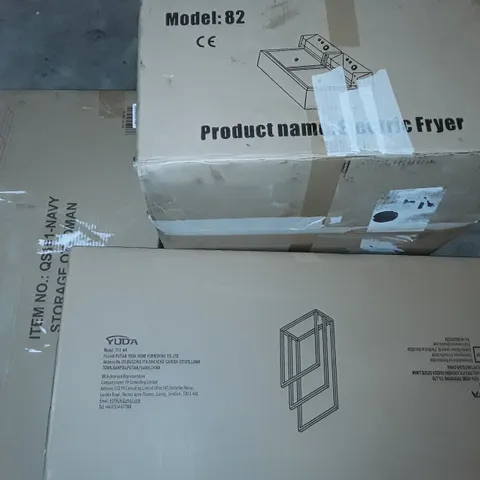 UNPROCESSED PALLET OF ASSORTED ITEMS TO INCLUDE ELECTRIC FRYER, STORAGE OTTOMAN, 30M HOSE REEL AND METAL FRAME MIRROR