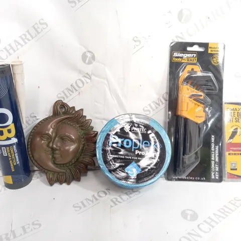 BOX OF APPROXIMATELY 12 ASSORTED ITEMS TO INCLUDE - PROPLEX PRO JOINT TAPE - SIEGEN TOOLS ALAN KEY - TILE DRILL BIT SET ECT