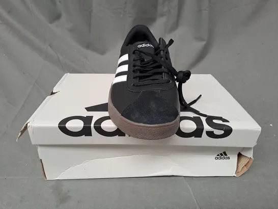 BOXED PAIR OF ADIDAS VL COURT BASE SHOES IN BLACK/WHITE UK SIZE 8