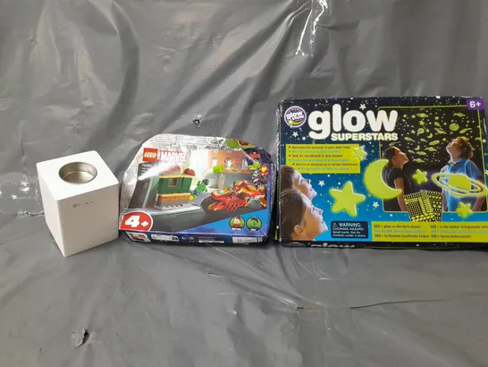 BOX OF APPROXIMATELY 5 ASSORTED ITEMS TO INCLUDE -GLOW SUPERSTARS , LEGO MARVEL IRON MAN BIKE , WOODEN CANDLE HOLDER ETC