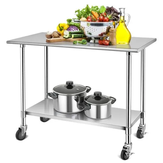 BOXED STEEL COOKING TABLE WITH 4 SWIVEL WHEELS, ADJUSTABLE SHELF, TROLLEY FOR KITCHEN AND RESTAURANT