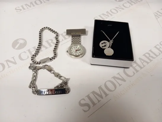 8 PIECES OF ASSORTED JEWELLERY TO INCLUDE; STERLING SILVER, FOB WATCH AND BRACELETS