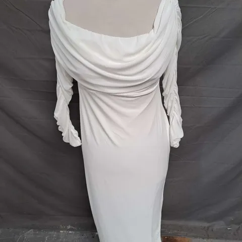 CLUB LONDON PATIENTLY WAITING MATERNITY RUCHED MESH BARDOT MIDI DRESS IN WHITE SIZE 10