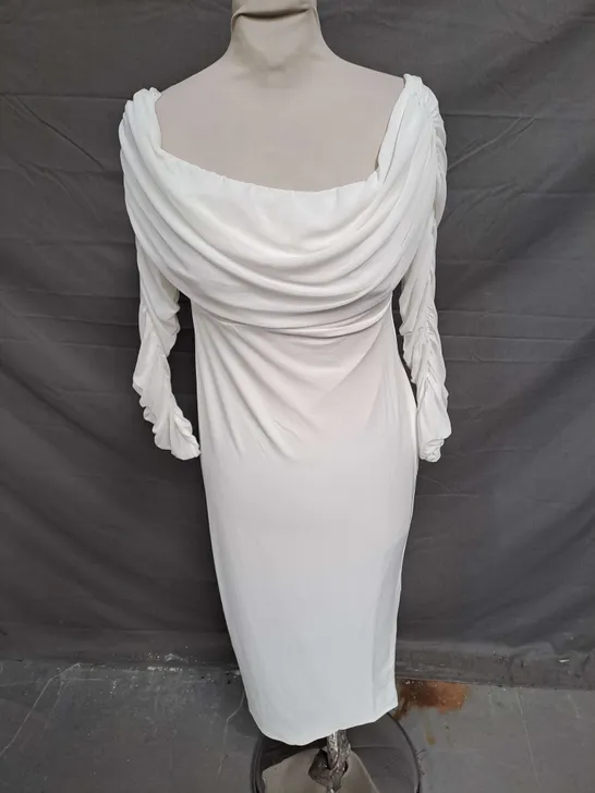 CLUB LONDON PATIENTLY WAITING MATERNITY RUCHED MESH BARDOT MIDI DRESS IN WHITE SIZE 10