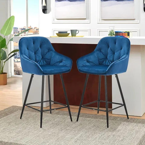 LEMROE VELVET BARSTOOL SET OR 2 WITH BACKREST AND ARMREST KITCHEN BAR STOOLS