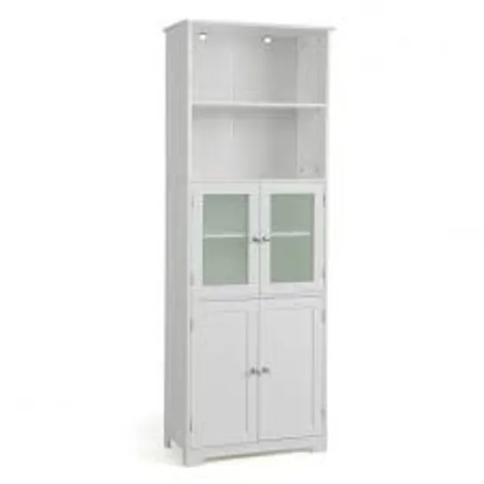 BOXED COSTWAY FREESTANDING STORAGE CABINET WITH TEMPERED GLASS DOOR AND OPEN SHELVES - WHITE (1 BOX)