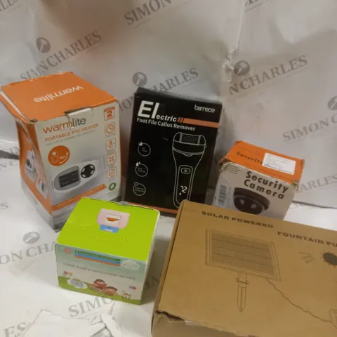 BOX OF APPROXIMATELY 5 ASSORTED ITEMS TO INCLUDE FOUNTAIN PUMP, PORTABLE HEATER, EDUCATION DEVICE ETC