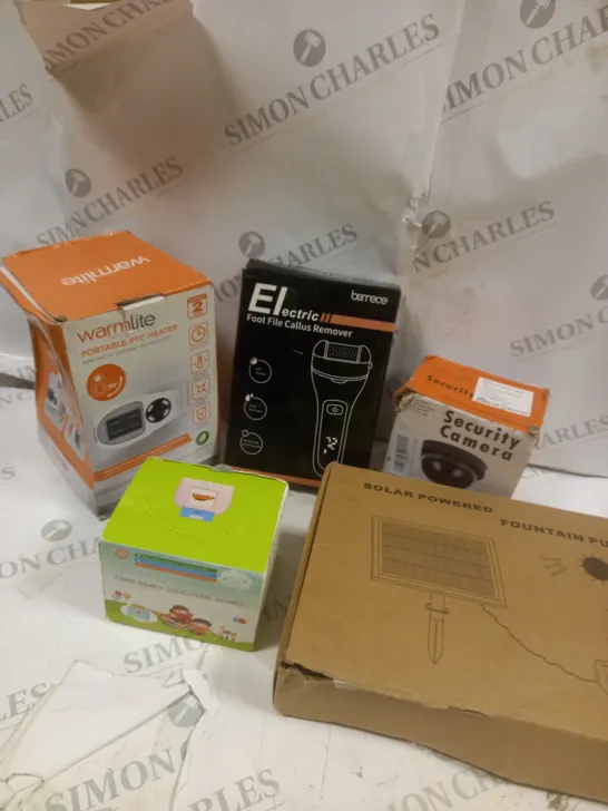 BOX OF APPROXIMATELY 5 ASSORTED ITEMS TO INCLUDE FOUNTAIN PUMP, PORTABLE HEATER, EDUCATION DEVICE ETC