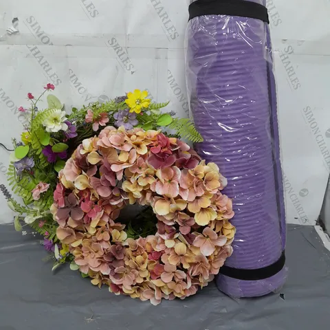 APPROXIMATELY 5 ASSORTED PRODUCTS TO INCLUDE ARTIFICIAL FLORAL WREATHS, YOGA MAT 