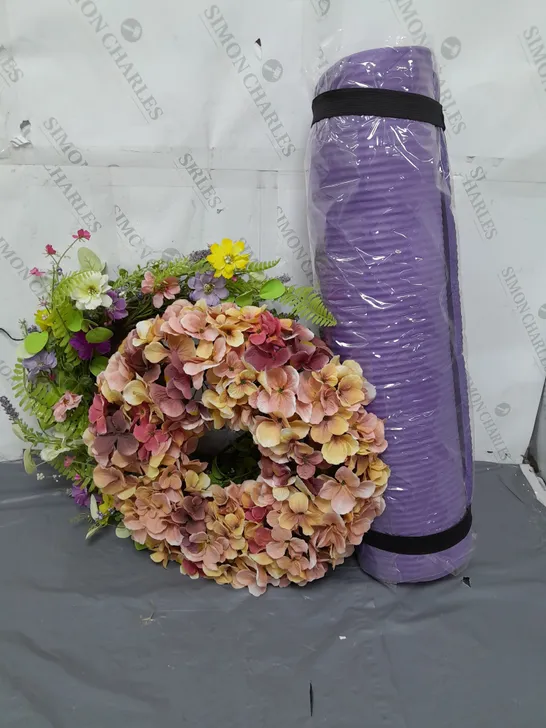 APPROXIMATELY 5 ASSORTED PRODUCTS TO INCLUDE ARTIFICIAL FLORAL WREATHS, YOGA MAT 