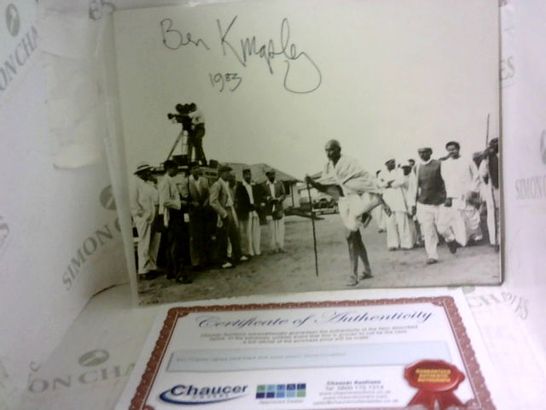 SIR BEN KINGSLEY SIGNED BLACK AND WHITE PHOTOGRAPH WITH CERTIFICATE OF AUTHENTICITY